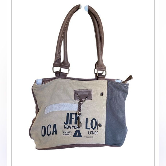Myra Bag Handbags - Myra Bag Tan Gray Airport Logo Canvas Leather Med Satchel Shoulder Bag Purse